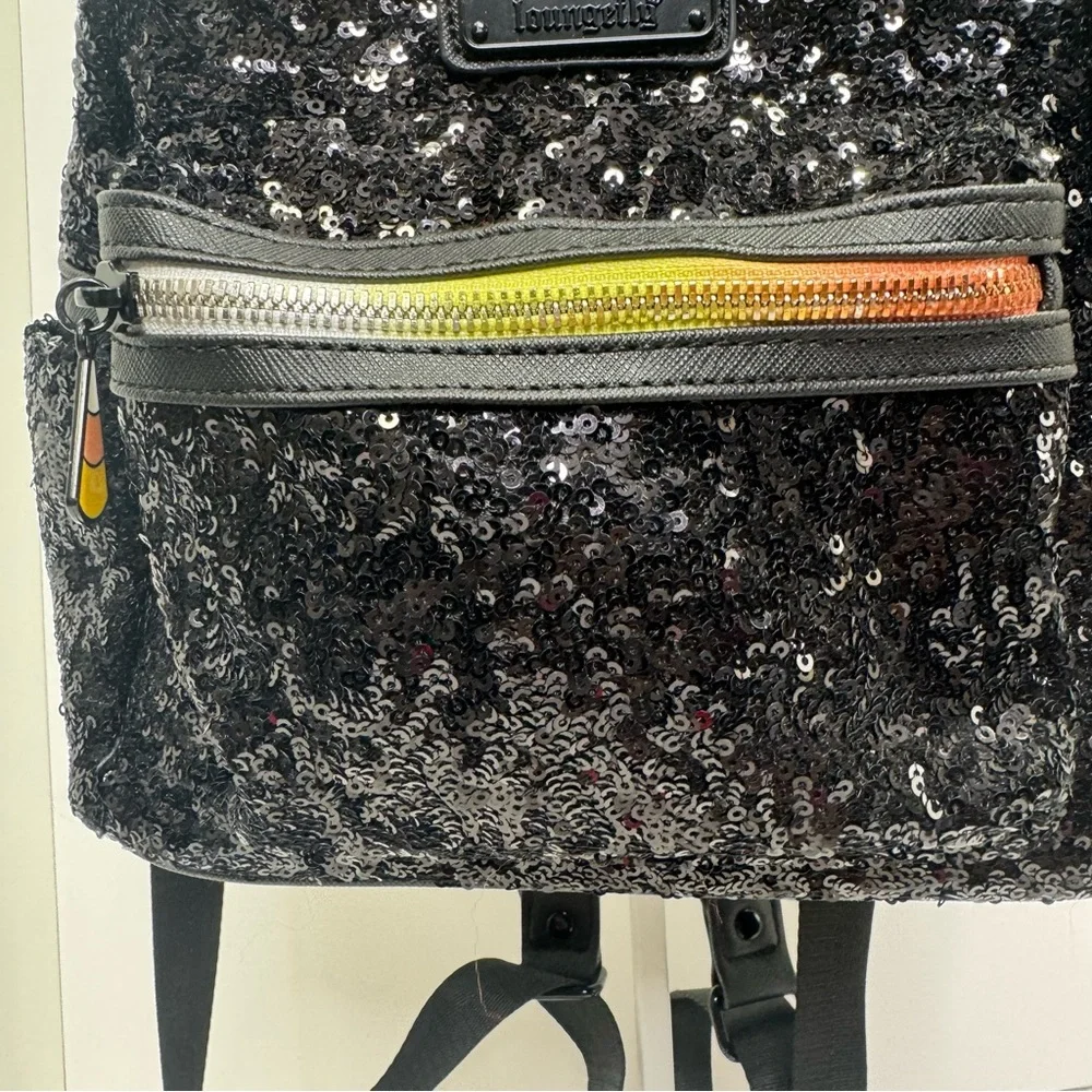 Disney Parks Loungefly Halloween Minnie Mouse Sequin Backpack Candy Corn Bow